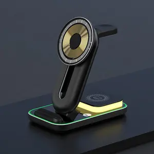 Newest Product Qi 15w Mobile Phone Charging Pad Led Light Strong Magnetic Attraction 3 In 1 Wireless Charger