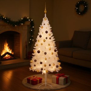Sapin de Noël artificiel blanc pré-éclairé 59,1 pouces avec LED blanc chaud pour décoration intérieure et ensemble de boules dorées - Product Image 2