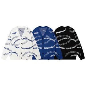 Digital Printed Knit Pullover Sweater For Men Jacquard Custom Logo V-neck Letter Cardigan Manufacturer