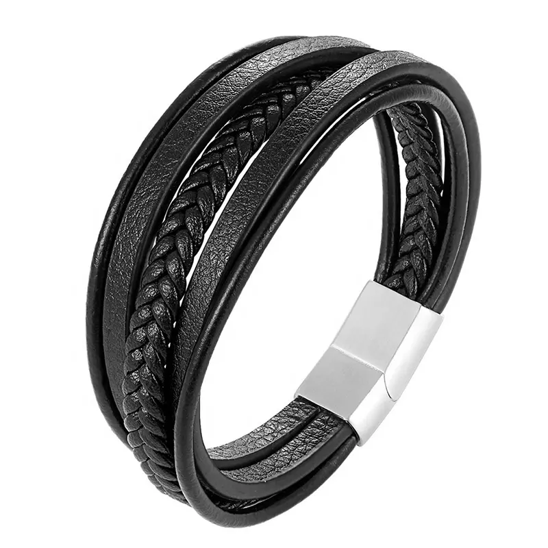 Cross-border leather rope bracelet titanium steel men's genuine leather braided bracelet for sale