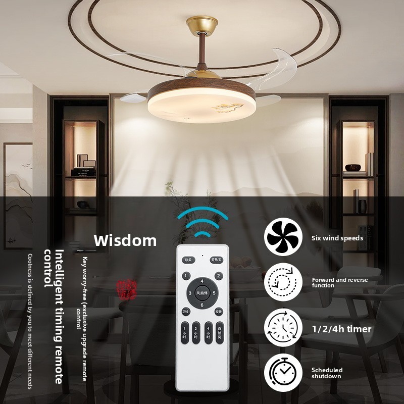 New Chinese Style Silent Invisible Ceiling Fan Light for Restaurant Dining Room Bedroom Master Bedroom-Zen Inspired Remote
