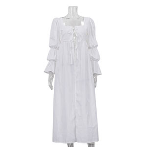 Manica a sbuffo 2025 alla moda abiti Casual in <span class=keywords><strong>lino</strong></span> di cotone bianco Cardigan lungo abito estivo <span class=keywords><strong>donna</strong></span> - Product Image 4