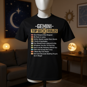 T-shirt graphique Gemini Top 10 Rules, design du signe du zodiaque, coupe unisexe - Product Image 3