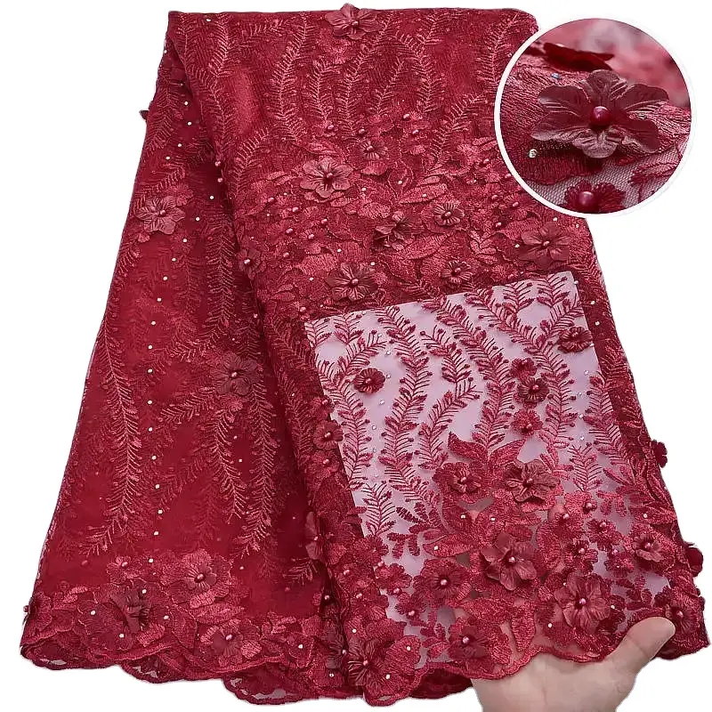 Atacado Vestidos de casamento africanos rendas Bordados Lantejoulas brilhantes Beads rendas Tecidos com flor 3D para vestido de casamento Atacado