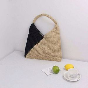 Bolso de Playa de Rafia Fina Hecho a Mano para Mujer, Bolso Tote de Paja de Papel Tejido a Crochet de Dos Tonos para Viajes de Verano - Product Image 5