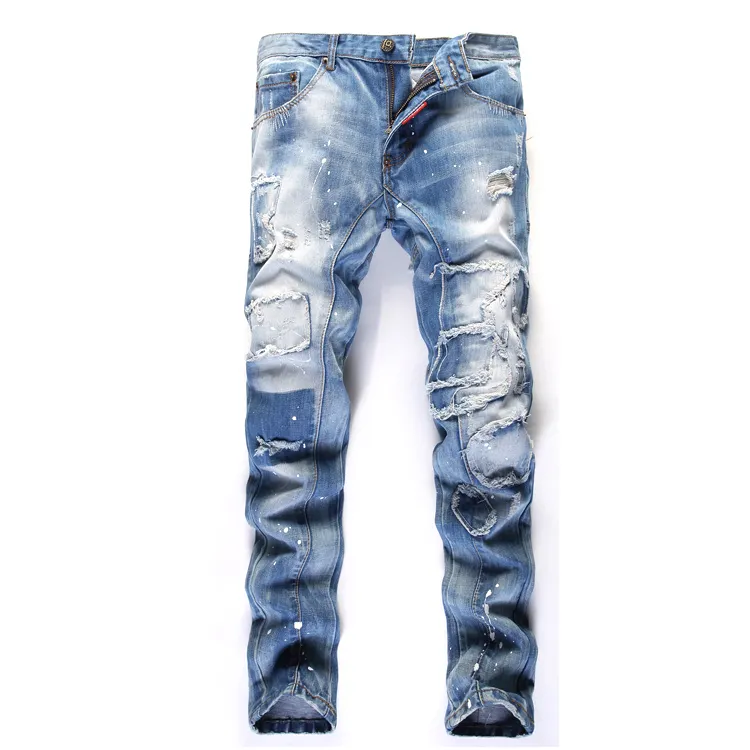 High quality color sprayed denim jeans black hand sanded wash ripped mens slim paint splatter jean for boys