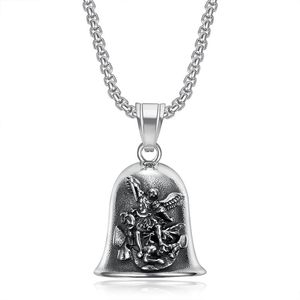 Collier pendentif cloche ange Saint-Michel en acier inoxydable, style vintage, unisexe, charme religieux, chaîne de 3 mm, 60 cm - Product Image 1