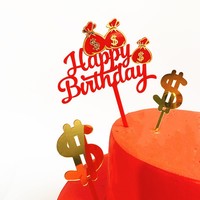 Wiederverwendbare Umweltfreundliche Moderne Acryl-Kuchendekoration Doppelschichtige Relief-Geldbeutel Dollarzeichen Happy Birthday Kuchenverzierung