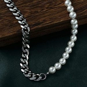 Corrente punk masculina, corrente vintage de estilo prata e ouro, de aço inoxidável, feita à mão, colar de pérola, meia corrente - Product Image 6