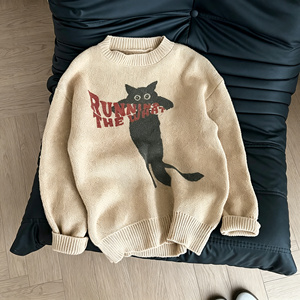 Wholesale Oversized Beige Knitted Sweater for School Campus Casual Outing Graphic Cartoon Cat Jacquard Pullover <strong>Jumper</strong> - Product Image 1