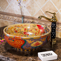 Luxe Famille Rose Art Bassin Céramique Comptoir Lavabo Rond Coloré Évier Salle De Bains Moderne Toilette Lavabo En Céramique