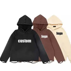 Custom Logo Vintage Distressed Acid Washed Loose Cropped Hoodie Men Streetwear Blank Raw Hem Hoodies