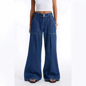 Pantalones vaqueros de cintura alta para hombre, talla grande, de algodón lavado a la piedra, con bolsillos de parche, corte holgado, casuales, con cierre de botones - Product Image 1