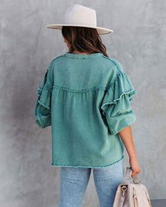 Wholesale Solid Casual Washed Denim Women Coats <b>Tops</b> Fashion Candy Color Hubble-<b>Bubble</b> Sleeve Ladies Outerwear Street Green Jean - Product Image 6