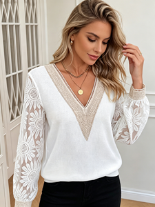 Blusa de Moda para Mujer con Cuello en V y Manga de Encaje, Blusa Informal Holgada y Transpirable con Collar de Perlas para la Oficina Diaria - Product Image 4