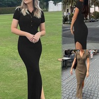 T26432 Nouvelle Collection Été – Robe Longue Tricotée Élégante pour Femme, Tendance Sexy avec Col en V Profond et Manches Courtes Fendues