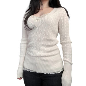 Pull décontracté pour femme en maille torsadée avec col en V et dentelle, couleur unie, style vintage, pour l'automne - Product Image 4