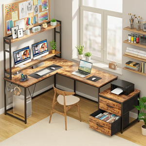 Bureau en forme de <span class=keywords><strong>L</strong></span> avec éclairage LED et prises électriques, bureau d'angle réversible avec tiroirs et support pour écran, bureau de jeu pour le té<span class=keywords><strong>l</strong></span>étravail - Product Image 1