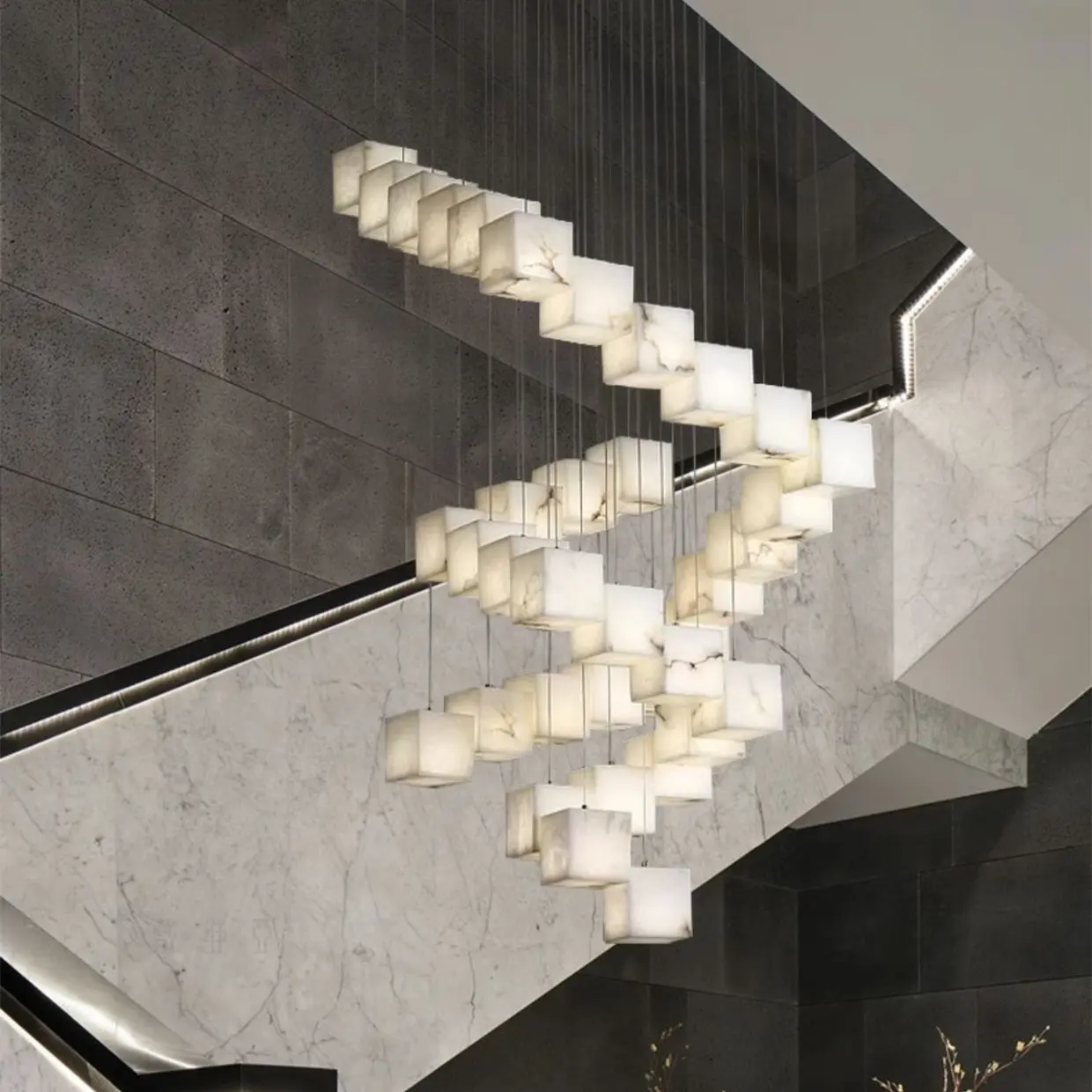 Showsun yapılan İskandinav tarzı büyük otel merdiven merdiven asılı lamba Alabaster avize kolye ışıkları