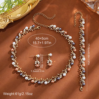 Ensemble de bijoux de mariée en alliage de zinc plaqué or, imitation perle et strass, collier, boucles d'oreilles, bracelet, 3 pièces