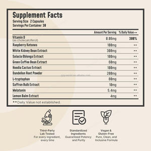 Private Label Supplément pour brûlures de nuit aux cétones de framboise Hoodia <span class=keywords><strong>Cactus</strong></span> Grain de café vert Mélatonine 60 capsules végétariennes - Product Image 6