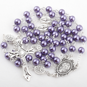 Colliers de perles de prière en verre imitation perle de 6 mm rose, violet et bleu KOMI avec pendentif croix crucifix pour femmes, cadeaux religieux - Product Image 3