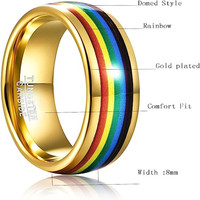 Bague en acier tungstène plaqué or 18 carats avec incrustation arc-en-ciel pour homme, bijou de mode confortable