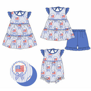 Preventa al por mayor: Conjuntos de ropa infantil de boutique de moda para el 4 de julio, con estampado de bandera y rayas, para niñas, MOQ 5 unidades. - Product Image 1