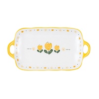 Service de table en céramique japonaise avec motifs de tulipes au style frais, comprenant des bols à riz et des assiettes plates, passe au lave-vaisselle.