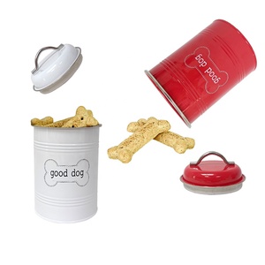 Customized Wholesale Round Shape Vintage Metal Pet Food Treat Container Dog Containers Storage dog treat jar with Dog Water Bowl