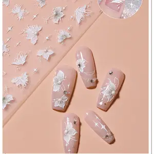 Feuille d'autocollants perle de glace personnalisée pour Nail Art Papillon Fleur Ligne Blanche 5d Autocollant pour ongles