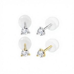 Pendientes de Oro de 10K con Diamantes, Baño de Rodio, Tapones de Silicona para los Oídos, Corte Brillante Exquisito y Pequeño, Diamante de 0.05ct 0.1ct DEF VS1 - Product Image 4