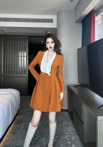 Mini abito Casual <span class=keywords><strong>arancione</strong></span> a tinta unita da donna con colletto rovesciato abito corto da cerimonia arricciato - Product Image 2