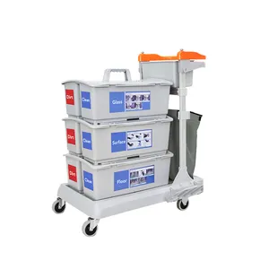 Hotel hospital no dirty water flat mopping cleaning mop bucket caddy tray janitorial cleaning trolley with braking system