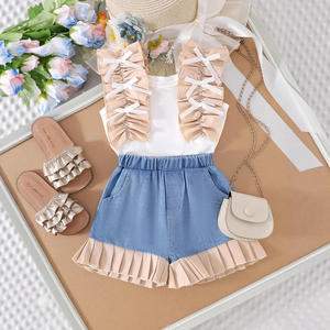 Ensemble été pour filles européennes et américaines, veste en dentelle blanche avec short en jean assorti, ensemble 2 pièces - Product Image 1