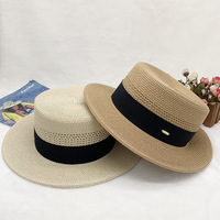 Chapeau de paille Panama pour femme, d'été, de plage, anti-UV, rayé, réglable, imprimé sérigraphié, à calotte plate ajourée, tressé, pour fête et extérieur