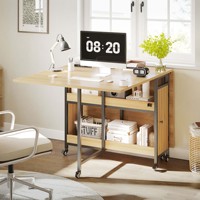 Mesa de Comedor Plegable de Madera de Roble que Ahorra Espacio, Directo de Fábrica, con Estantes de Almacenamiento y Ruedas con Bloqueo para el Hogar
