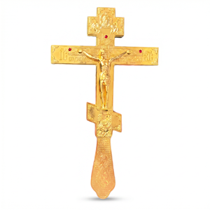 Croix orthodoxe HT plaquée or, crucifix à main en métal <span class=keywords><strong>pour</strong></span> <span class=keywords><strong>les</strong></span> rituels liturgiques des prêtres, décoration d'autel d'église - Product Image 1