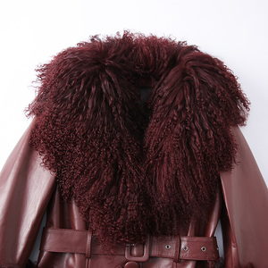 Jancoco Fashion Women Real Leather Wine Red Long Genuine Leather <strong>Jacket</strong> With Mongolian Fur - Product Image 4