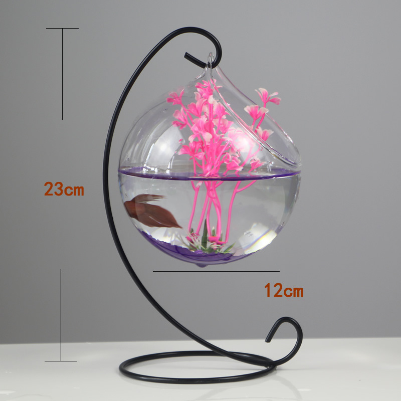 Manufacturers wholesale transparent glass small fish tank iron art hanging goldfish bowl betta fish tank