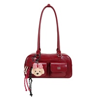 Sac bowling Y2K en cuir PU pour femme Toutou, style rétro Boston, grande capacité, sac à bandoulière sous le bras, deux sangles, fermeture éclair, motif lettre coréen
