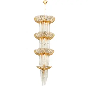 Full brass luxury lamp decoration handcrafted glass round villa chandelier staircase light