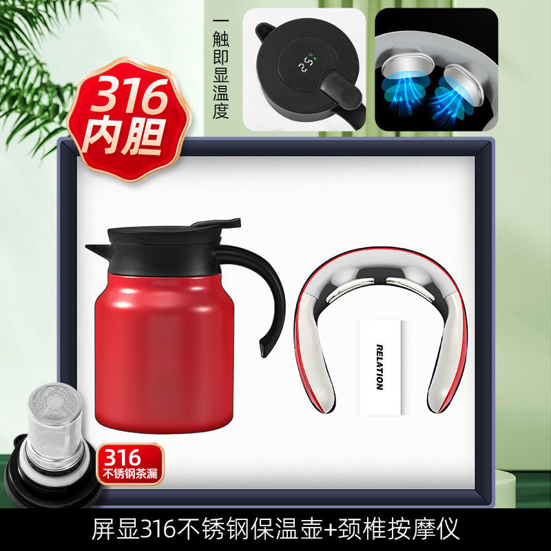 [Red Two-Piece Set] 1L Filtered Digital Display Bottle F6 Neck Massager