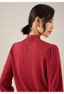 قطن الكشمير الحملان الصوف المخلوط سلحفاة الرقبة محبوك أزرار البلوز الديكور المرأة تريك سترة نفخة الأكمام البلوز - Product Image 3