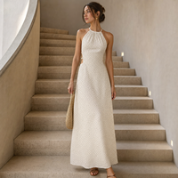 Robe longue en mousseline tissée à col licou, imprimé numérique à pois, taille naturelle, dos ouvert, style bohème plage, vente en gros, personnalisable OEM