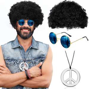 Peluca Sintética <span class=keywords><strong>Afro</strong></span> Rizada para Hombre, Estilo Africano, 3/4 Piezas, con Gafas, Collar y Barba, para <span class=keywords><strong>Disfraz</strong></span> de Fiesta Temática <span class=keywords><strong>Disco</strong></span> de los 70 y 80 - Product Image 1