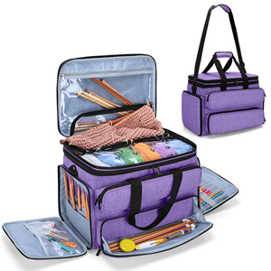 Sac de rangement portable pour fil à tricoter et crochet avec double couvercle supérieur et trous pour aiguilles à tricoter (jusqu'à 14 pouces) - Product Image 1