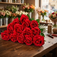Bouquet de roses artificielles rouges en soie, longues tiges, pour mariage, fête des mères, décoration de table, vente en gros