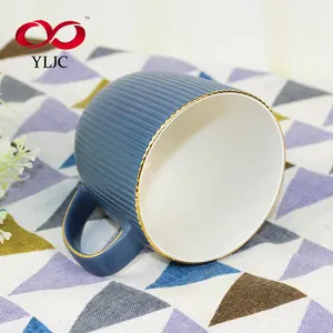 modern plain ceramic embossed blue coffee mugs