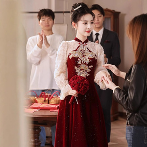 Chinese Style Cheongsam Toast Dress New Bridal Wedding Temperament High Autumn Winter Red <strong>Clothes</strong> Engagement - Product Image 3